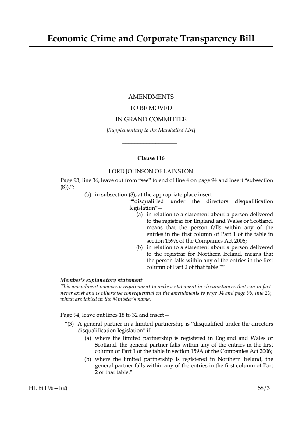 Economic Crime and Corporate Transparency Bill Amendments to be moved in Grand Committee [Supplementary to the Marshalled List]