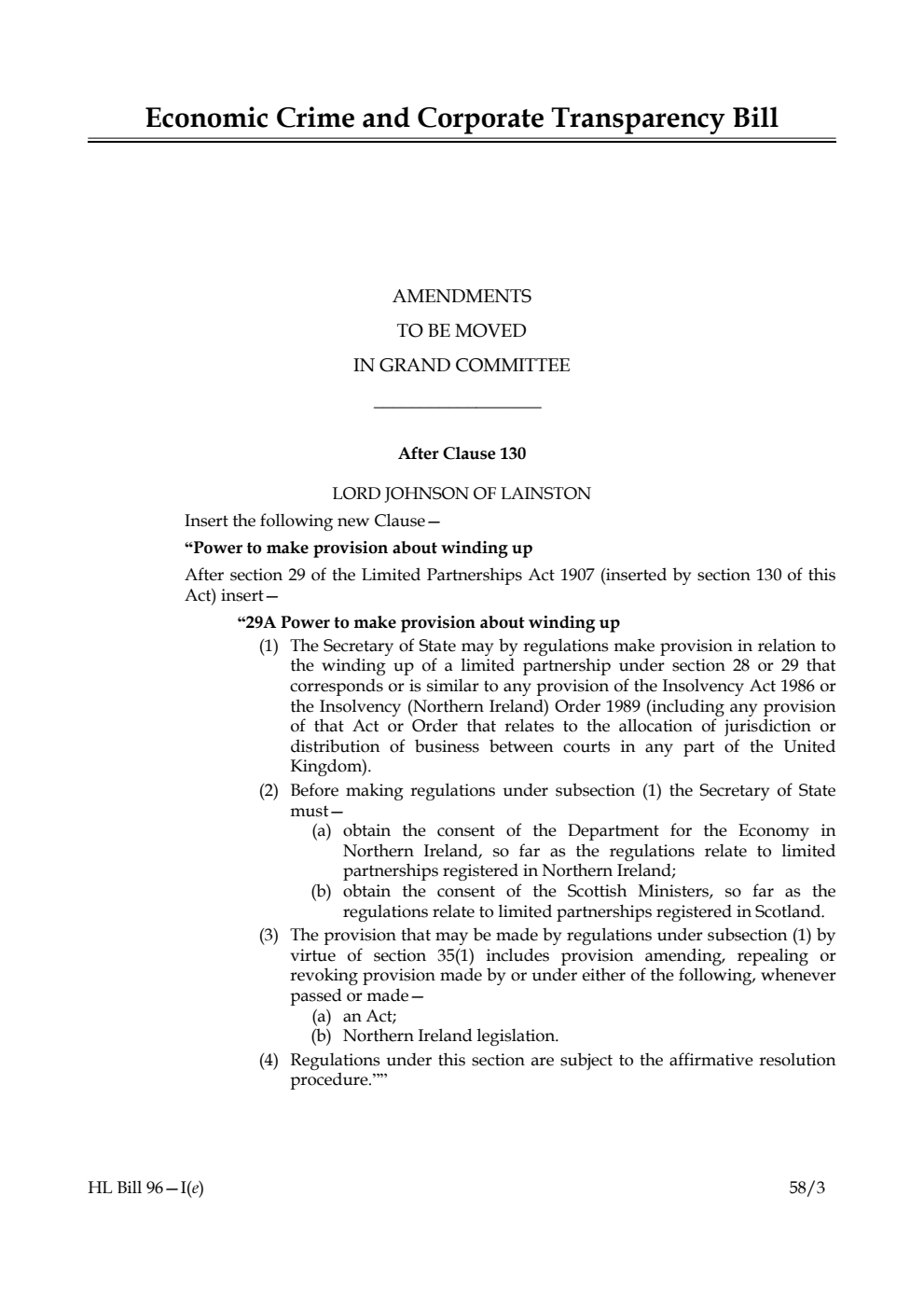 Economic Crime and Corporate Transparency Bill Amendments to be moved in Grand Committee