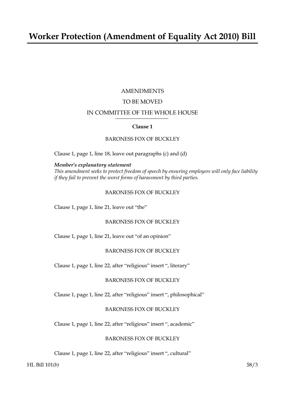 Worker Protection (Amendment of Equality Act 2010) Bill Amendments to be moved in Committee of the Whole House