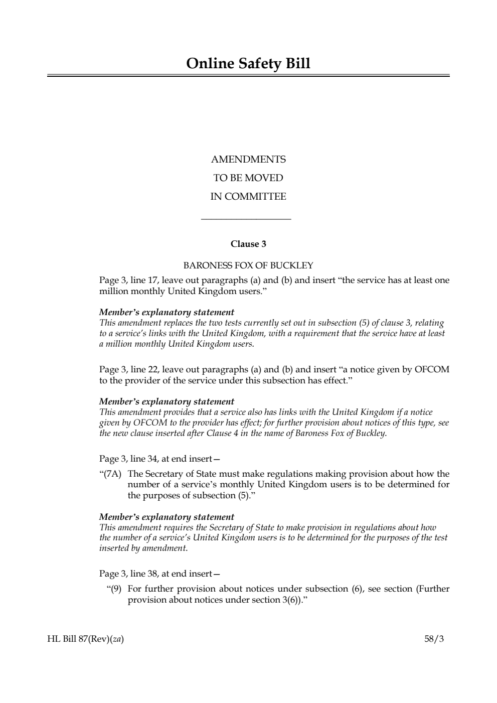 Online Safety Bill Amendments to be moved in Committee