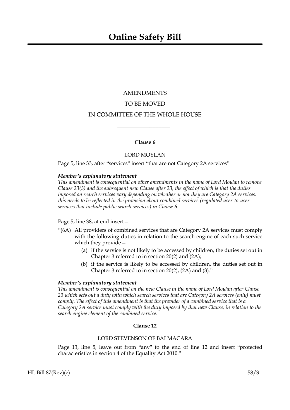 Online Safety Bill Amendments to be moved in Committee of the Whole House