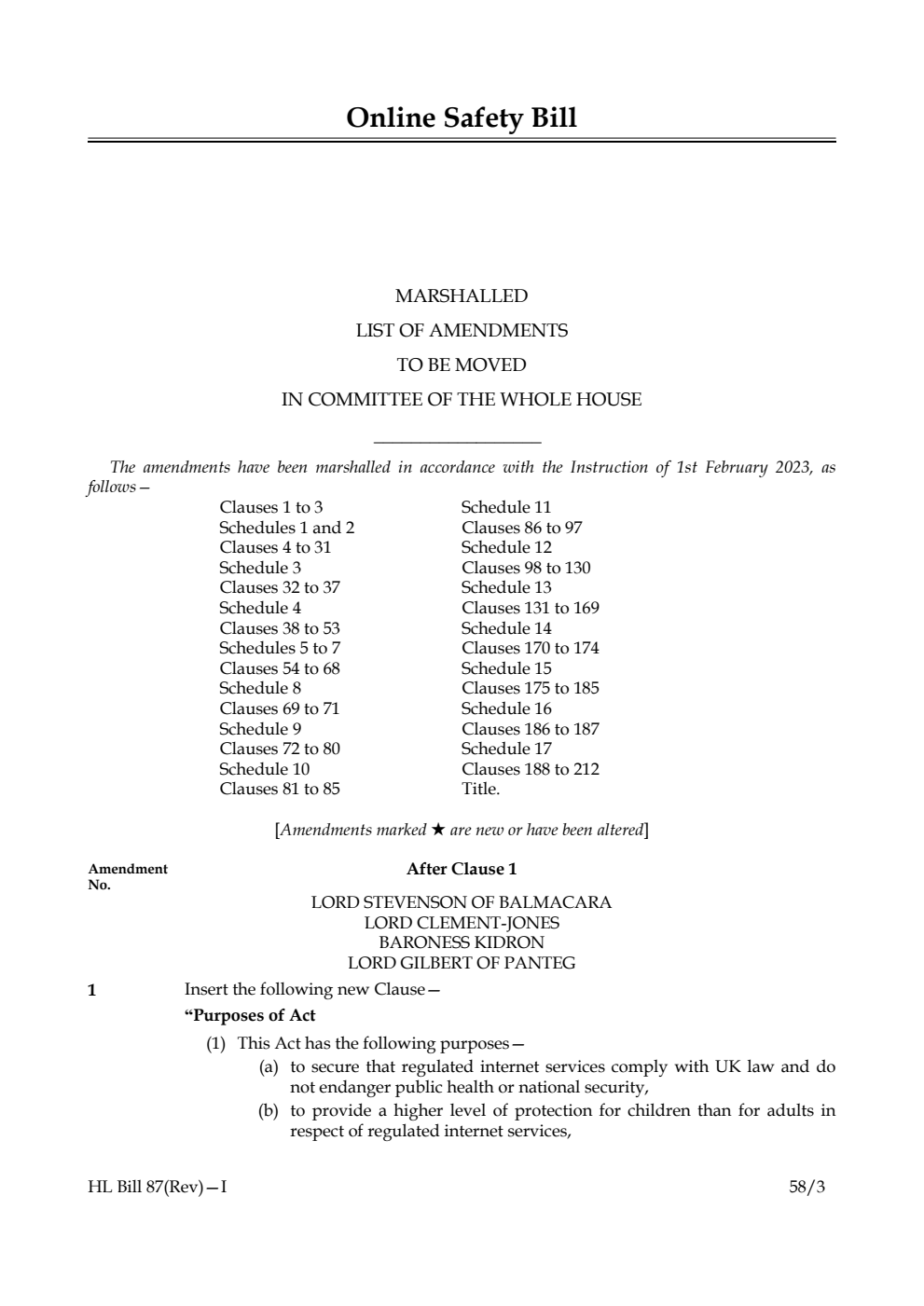 Online Safety Bill Marshalled List of Amendments to be moved in Committee of the Whole House