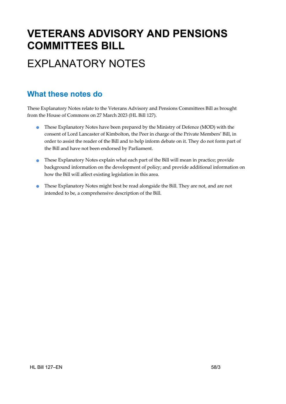 Veterans Advisory and Pensions Committees Bill Explanatory Notes