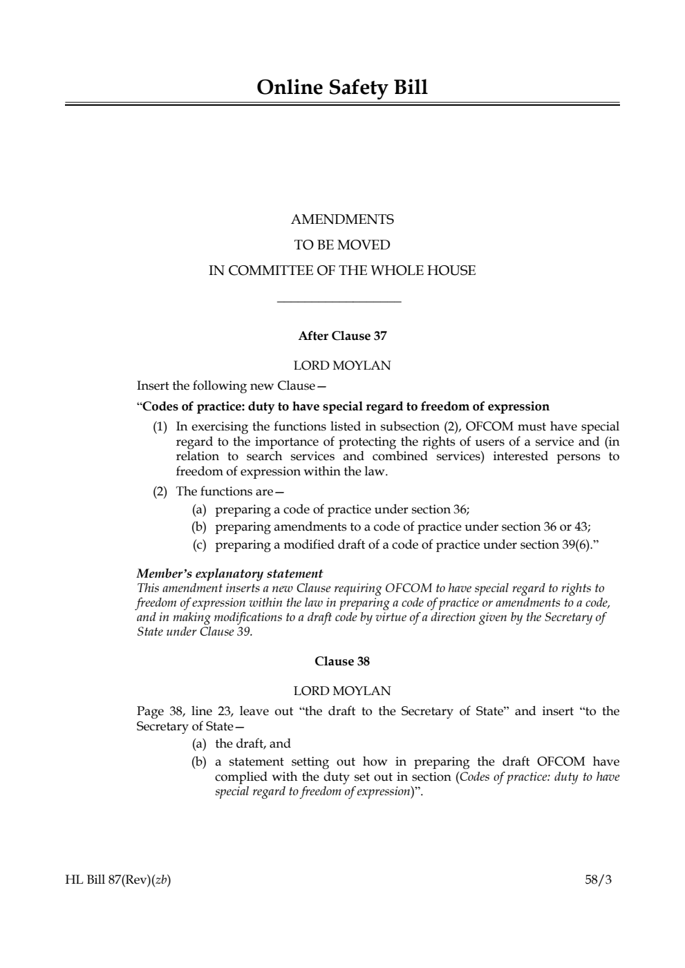 Online Safety Bill Amendments to be moved in Committee of the Whole House