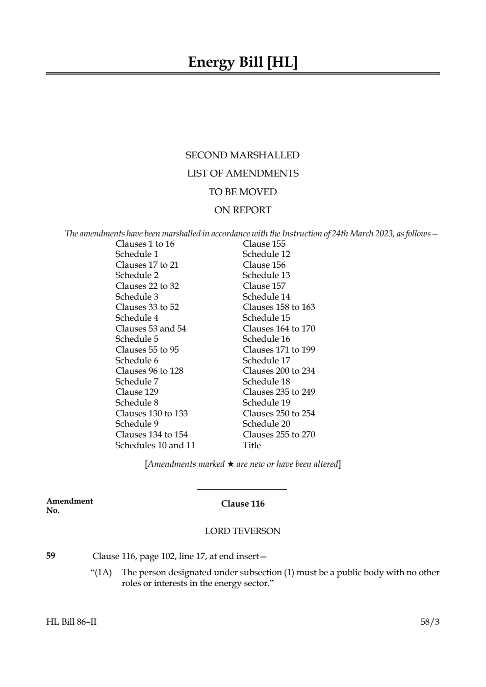 Energy Bill Second Marshalled List of Amendments to be moved on report
