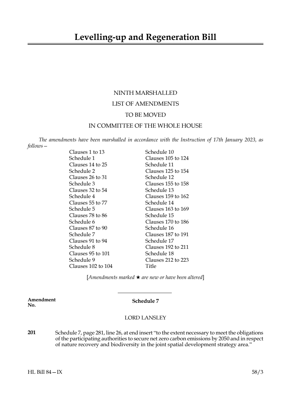 Levelling-up and Regeneration Bill Ninth Marshalled List of Amendments to be moved in Committee of the Whole House