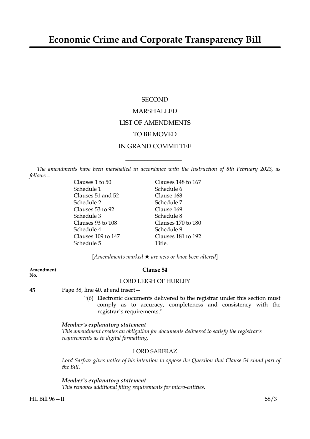 Economic Crime and Corporate Transparency Bill  Second Marshalled List of Amendments to be moved in Grand Committee