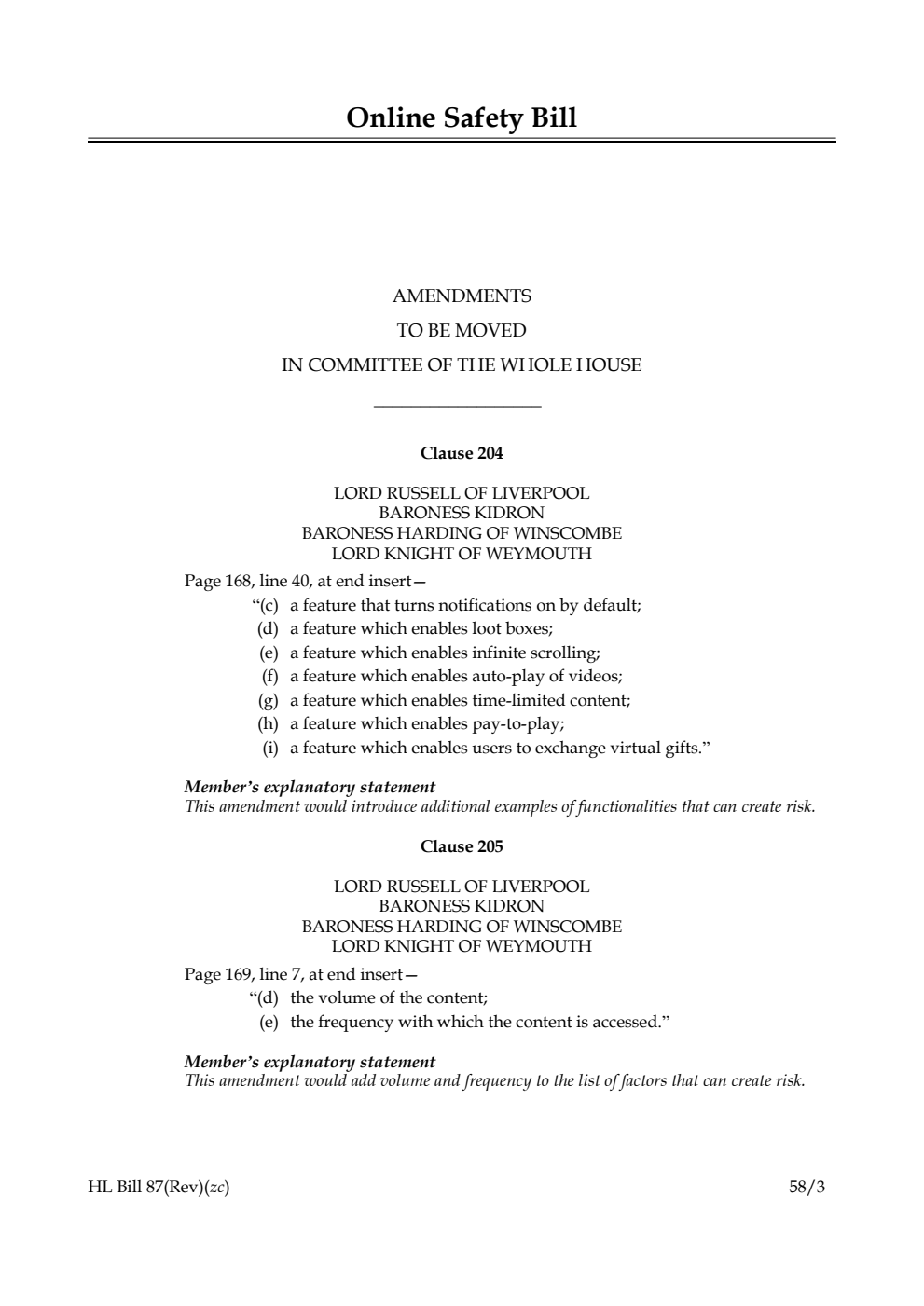 Online Safety Bill Amendments to be moved in Committee of the Whole House