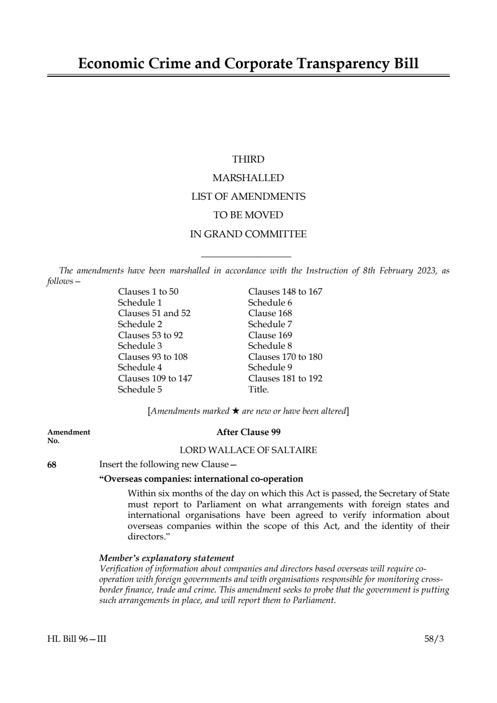 Economic Crime and Corporate Transparency Bill Third Marshalled List of Amendments to be moved in Grand Committee