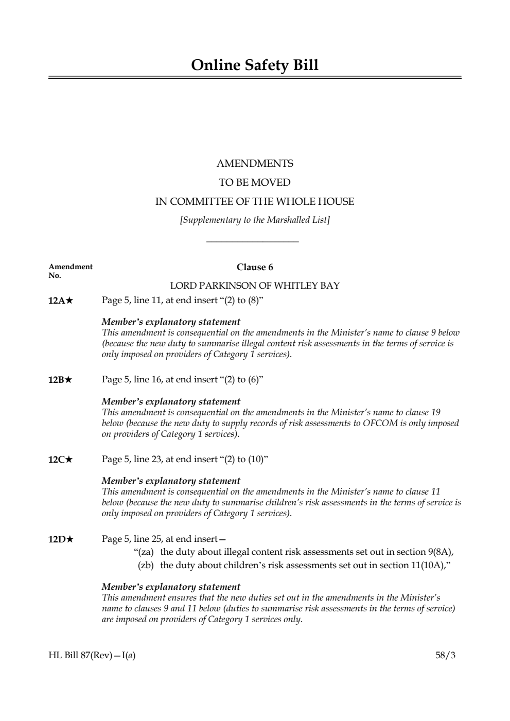 Online Safety Bill Amendments to be moved in Committee of the Whole House [Supplementary to the Marshalled List]