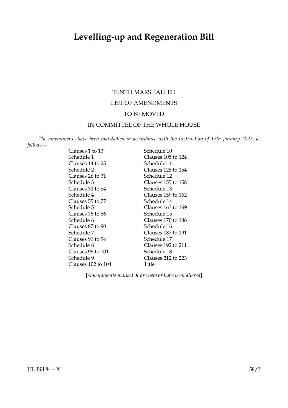 Levelling-up and Regeneration Bill Tenth Marshalled List of Amendments to be moved in Committee of the Whole House