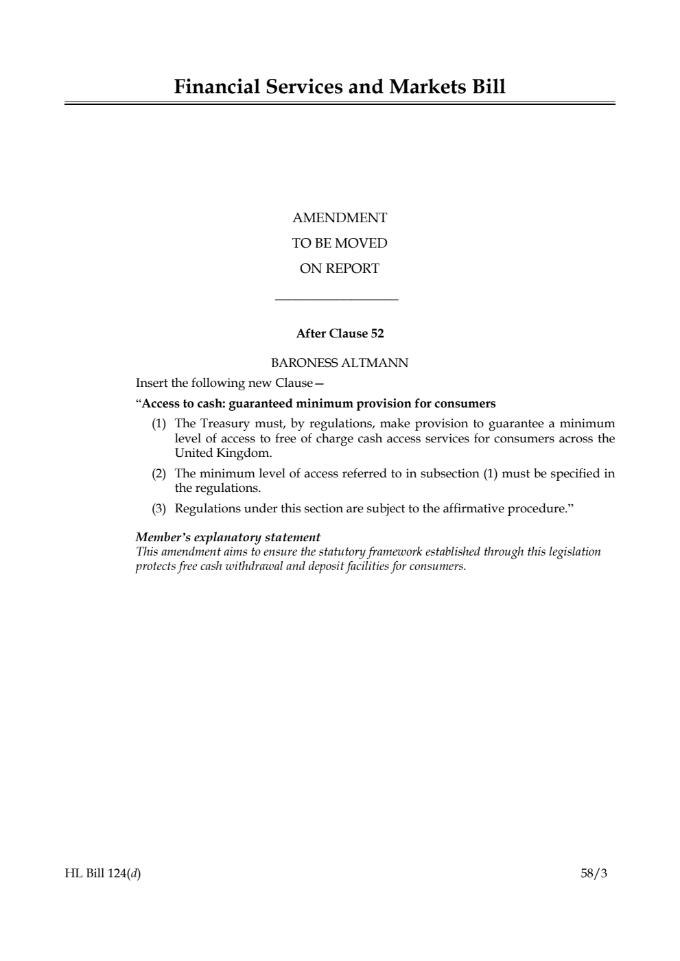 Financial Services and Markets Bill Amendment to be moved on Report