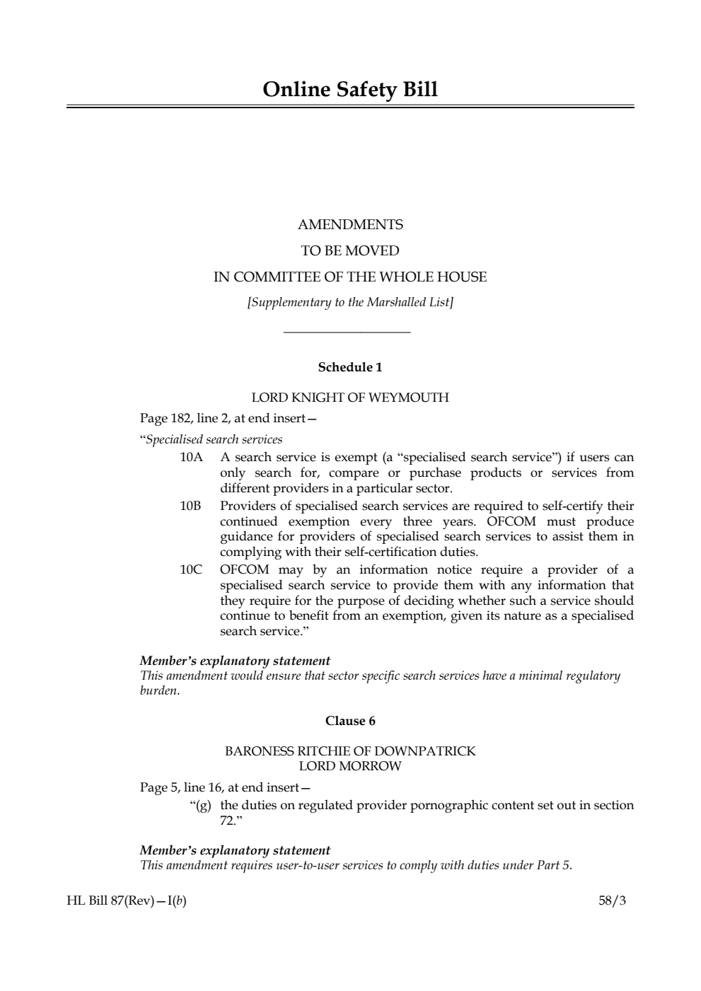 Online Safety Bill Amendments to be moved in Committee of the Whole House [Supplementary to the Marshalled List]