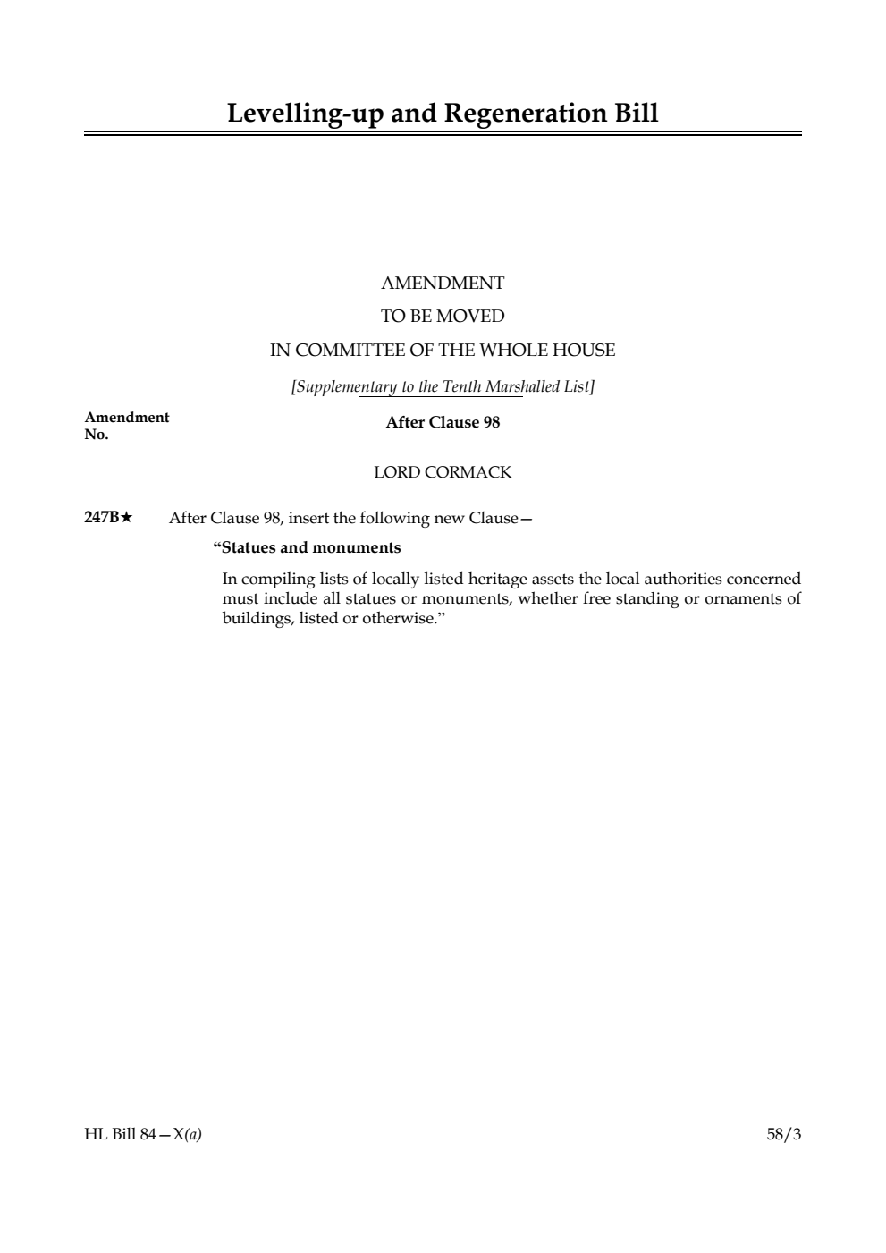 Levelling-up and Regeneration Bill Amendment to be moved in Committee of the Whole House [Supplementary to the Tenth Marshalled List]