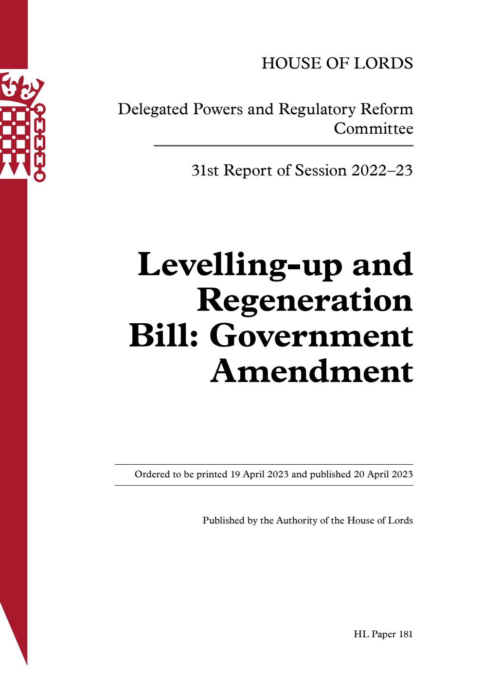 Delegated Powers and Regulatory Reform Committee 31st Report. Levelling-up and Regeneration Bill: Government Amendment