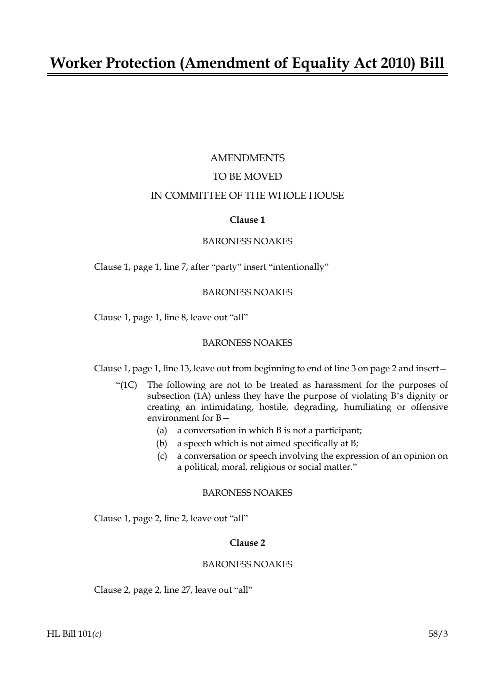 Worker Protection (Amendment of Equality Act 2010) Bill Amendments to be moved in Committee of the Whole House