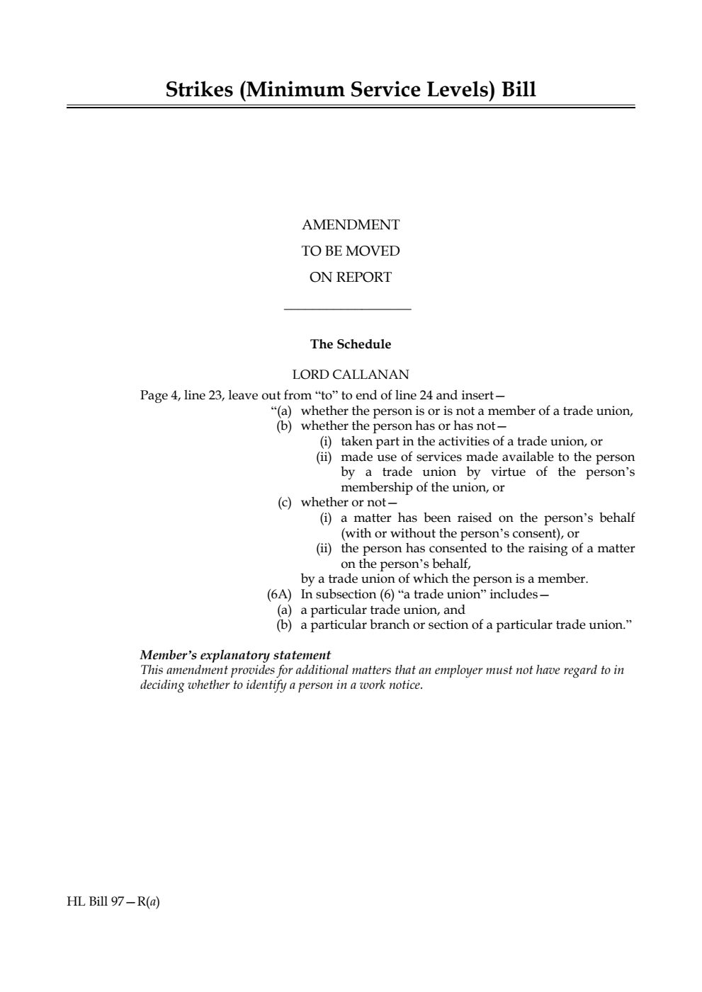 Strikes (Minimum Service Levels) Bill Amendment to be moved on Report