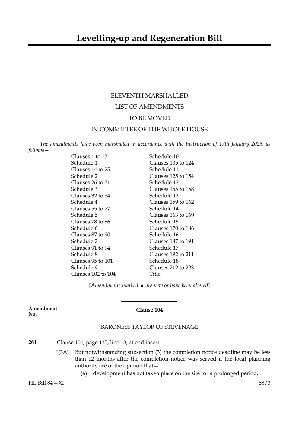Levelling-up and Regeneration Bill Eleventh Marshalled List of Amendments to be moved in Committee of the Whole House