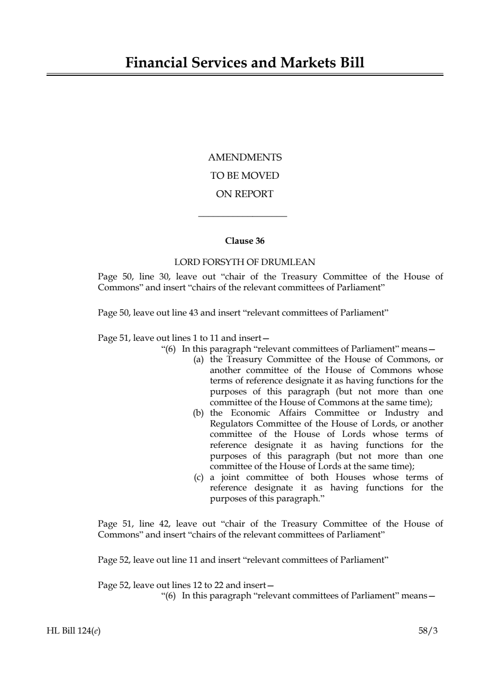 Financial Services and Markets Bill Amendments to be moved on Report