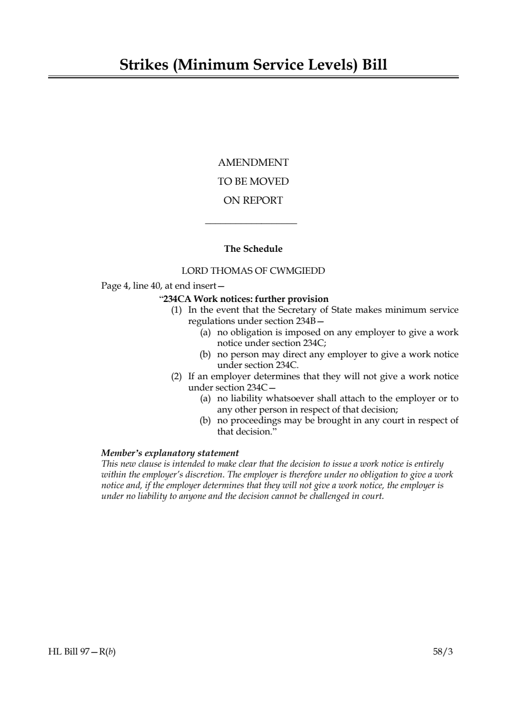 Strikes (Minimum Service Levels) Bill Amendment to be moved on Report