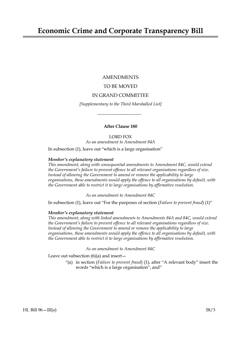 Economic Crime and Corporate Transparency Bill Amendments to be moved in Grand Committee [Supplementary to the Third Marshalled List]