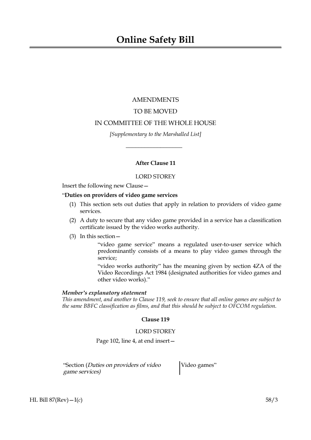 Online Safety Bill Amendments to be moved in Committee of the Whole House [Supplementary to the Marshalled List]