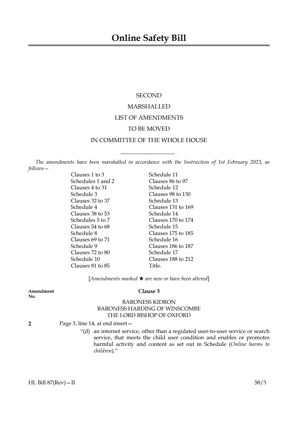 Online Safety Bill Second Marshalled List of Amendments to be moved in Committee of the Whole House