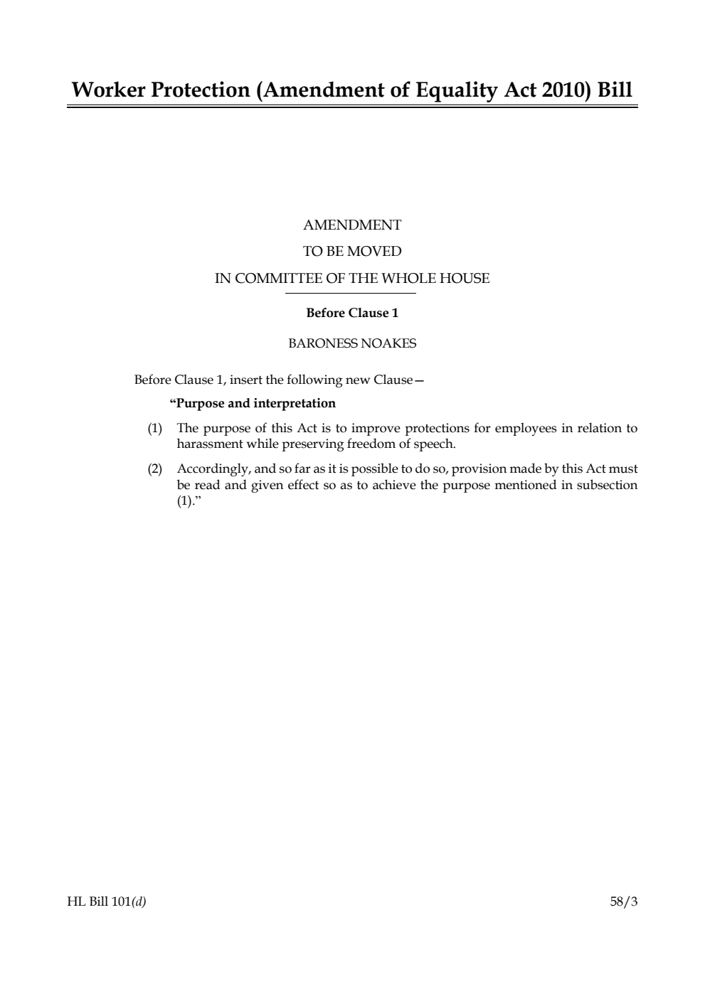 Worker Protection (Amendment of Equality Act 2010) Bill Amendment to be moved in Committee of the Whole House