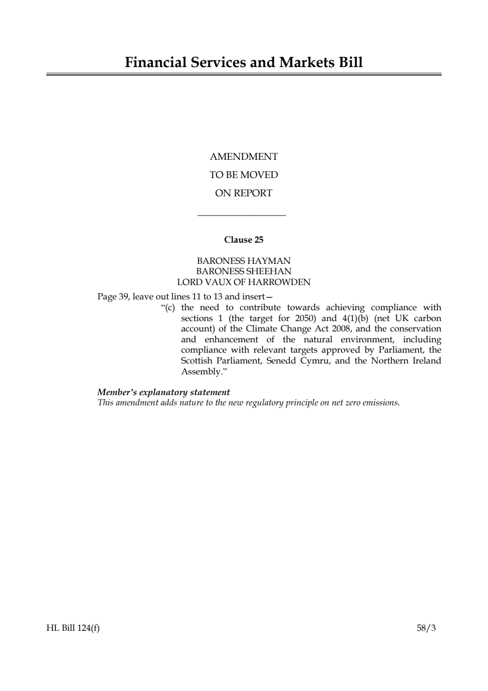 Financial Services and Markets Bill Amendment to be moved on Report