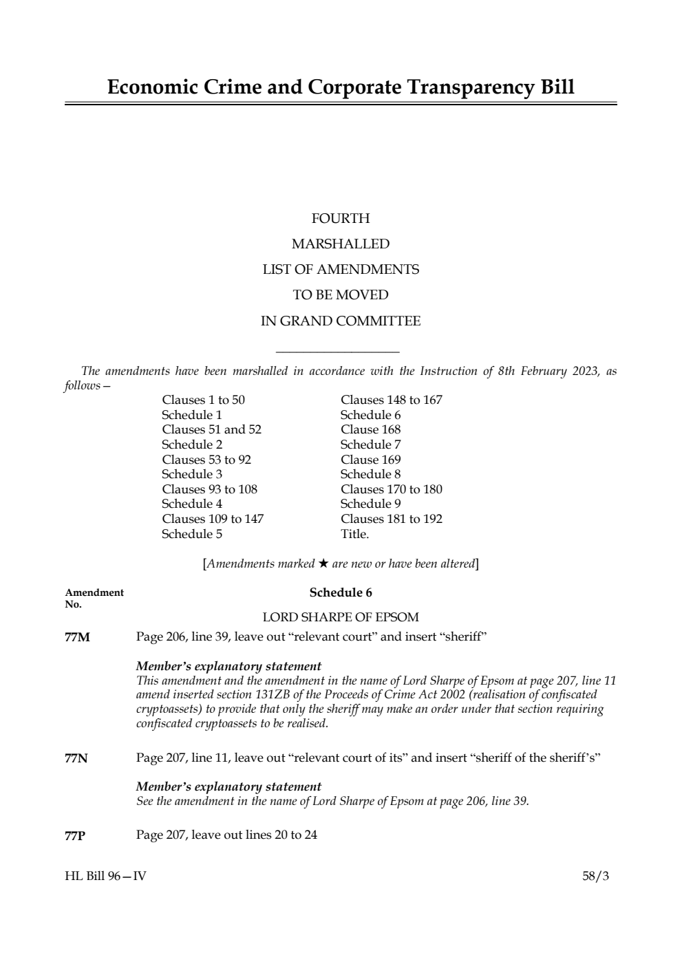 Economic Crime and Corporate Transparency Bill Fourth Marshalled List of Amendments to be moved in Grand Committee