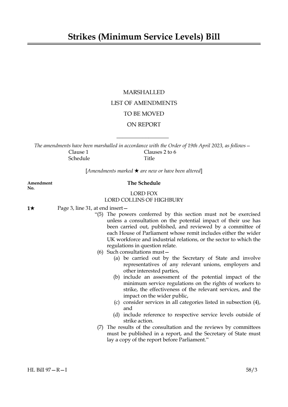 Strikes (Minimum Service Levels) Bill Marshalled List of Amendments to be moved on report
