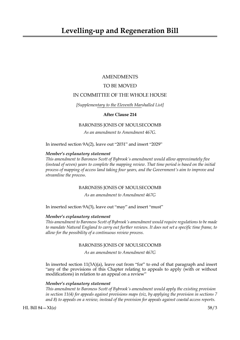 Levelling-up and Regeneration Bill Amendments to be moved in Committee of the Whole House [Supplementary to the Eleventh Marshalled List]