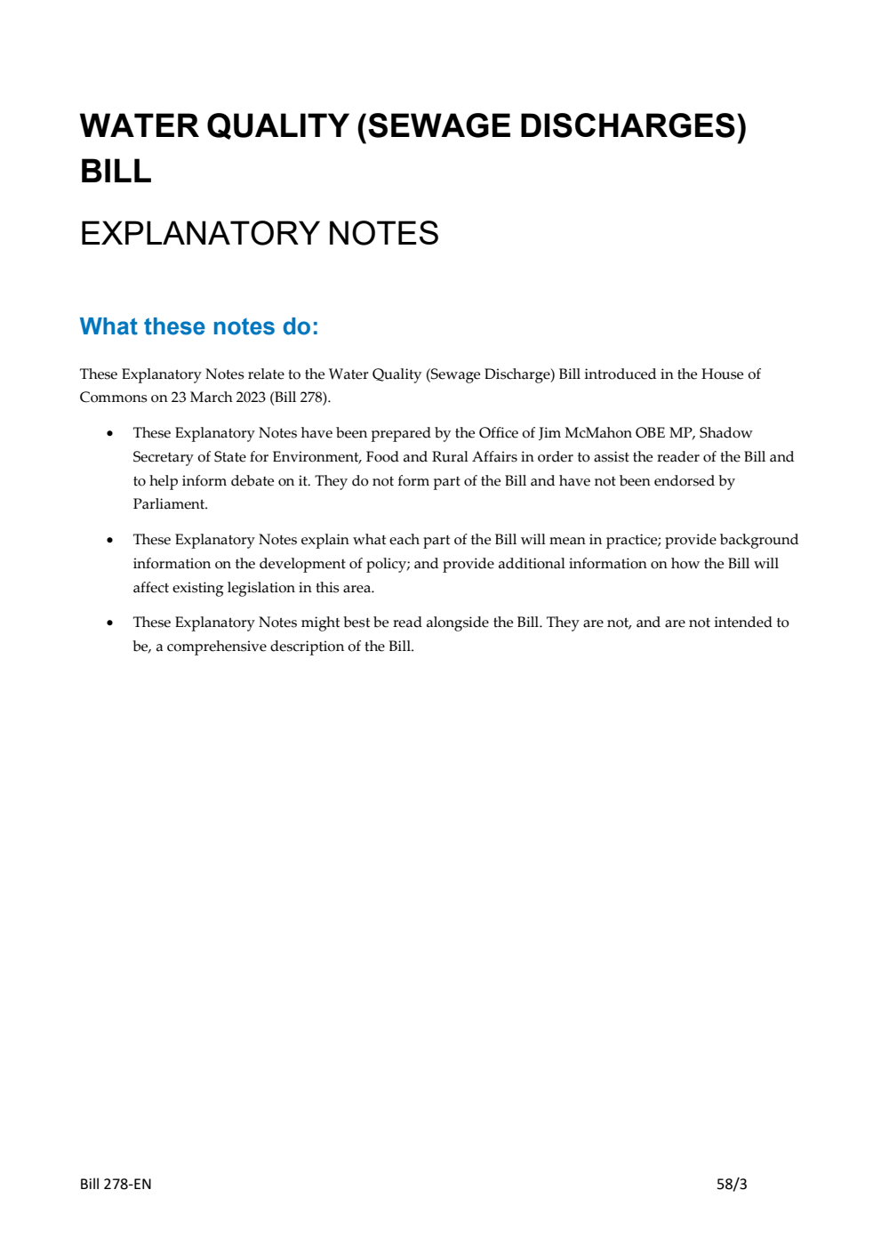 Water Quality (Sewage Discharge) Bill Explanatory Notes