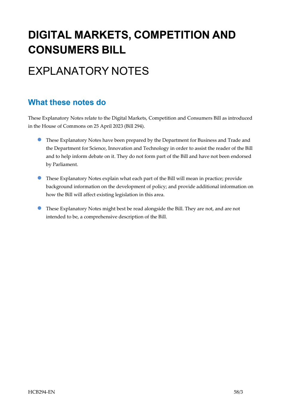 Digital Markets, Competition and Consumers Bill Explanatory Notes