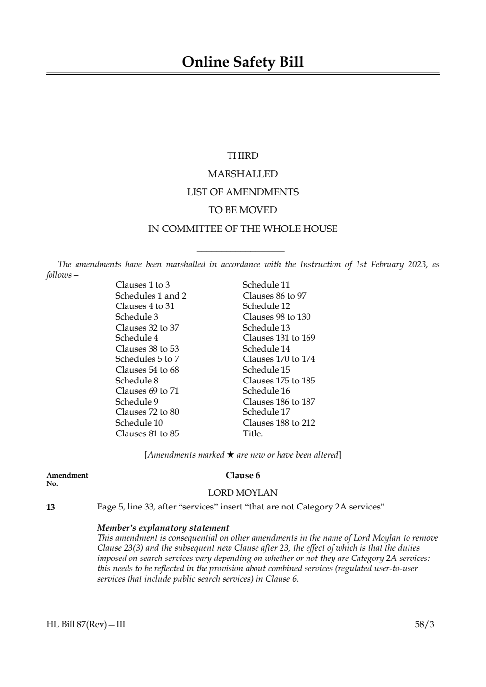 Online Safety Bill Third Marshalled List of Amendments to be moved in Committee of the Whole House