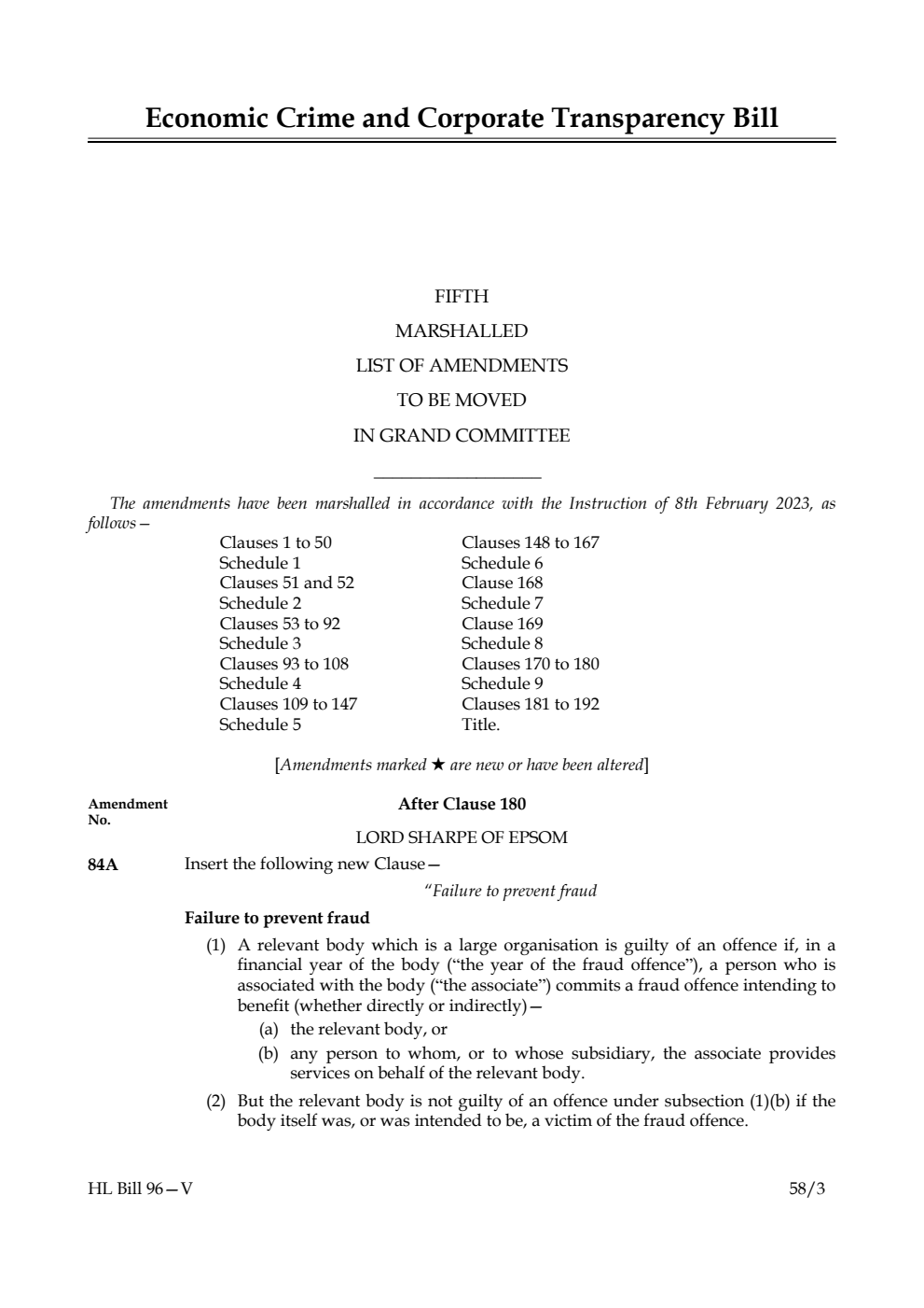 Economic Crime and Corporate Transparency Bill Fifth Marshalled List of Amendments to be moved in Grand Committee