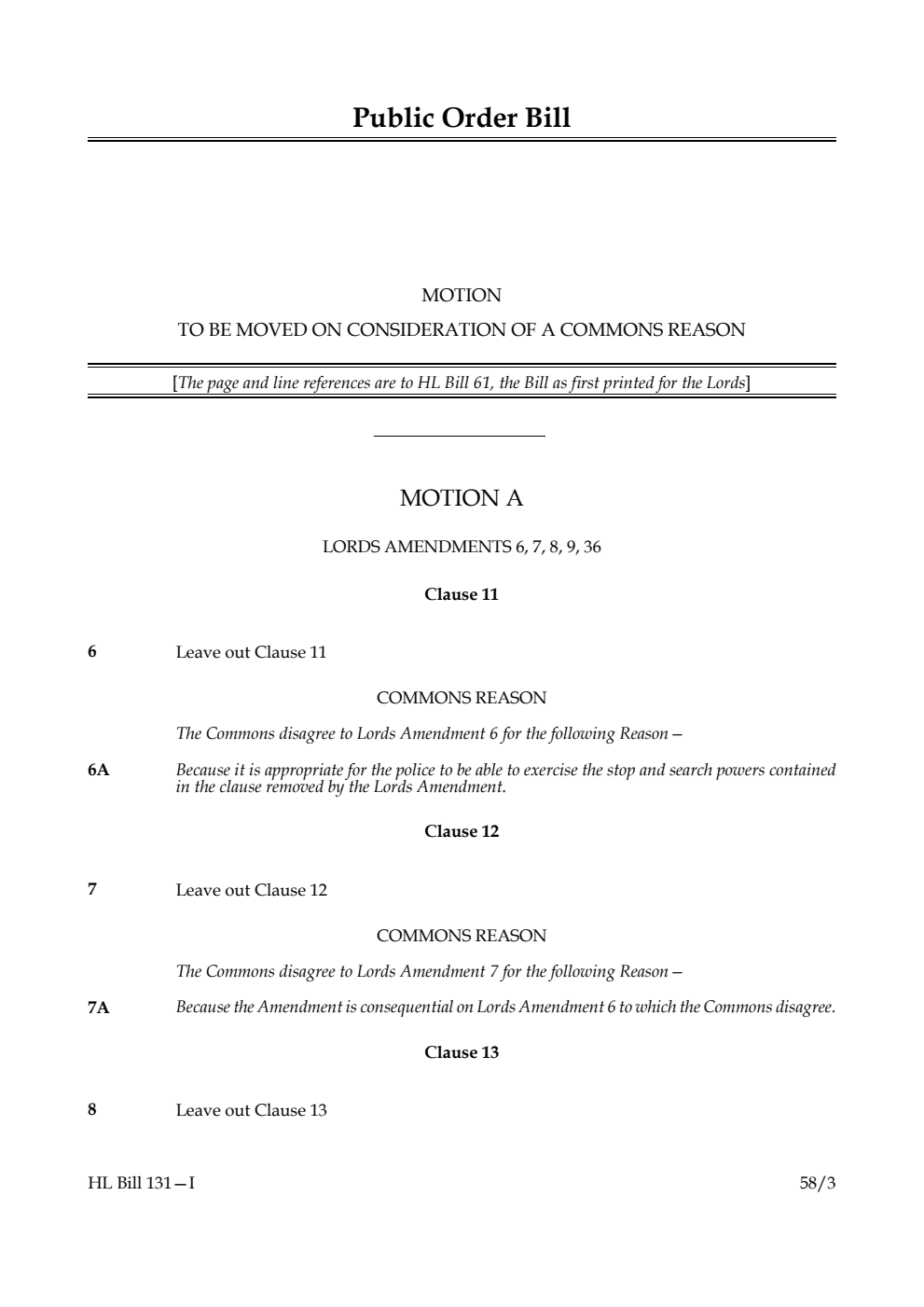 Public Order Bill Motion to be moved on consideration of a Commons Reason
