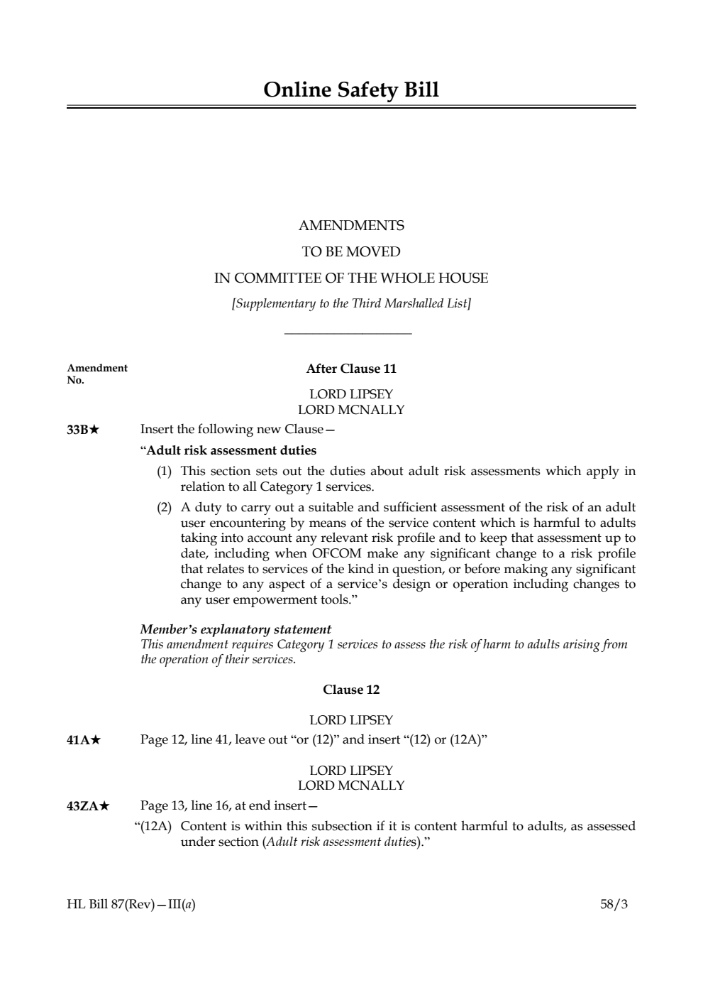 Online Safety Bill Amendments to be moved in Committee of the Whole House [Supplementary to the Third Marshalled List]