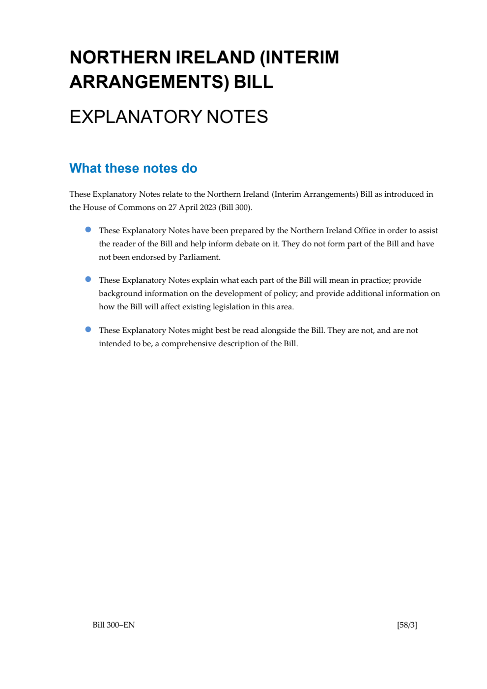 Northern Ireland (Interim Arrangements) Bill Explanatory Notes
