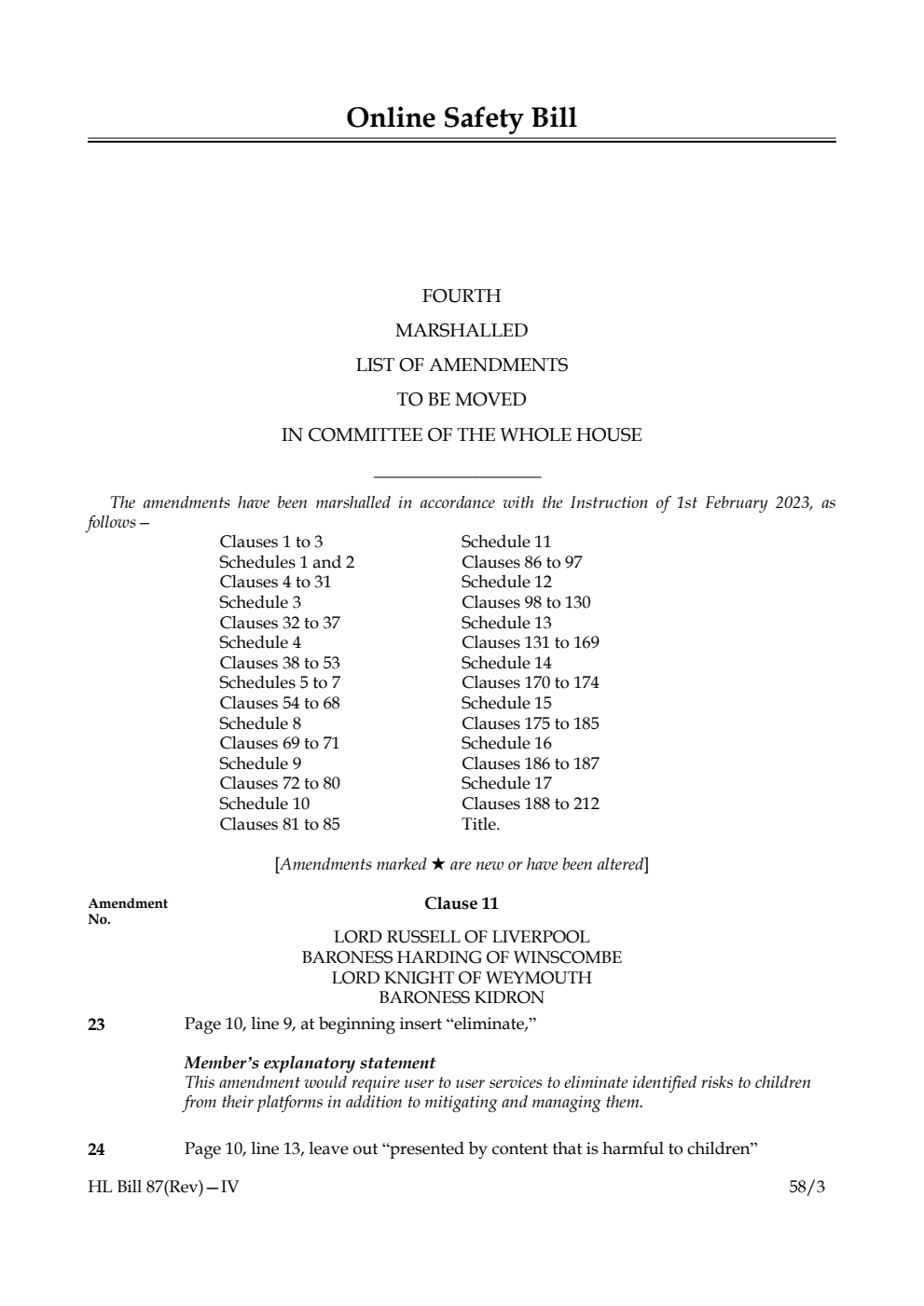 Online Safety Bill Fourth Marshalled List of Amendments to be moved in Committee of the Whole House