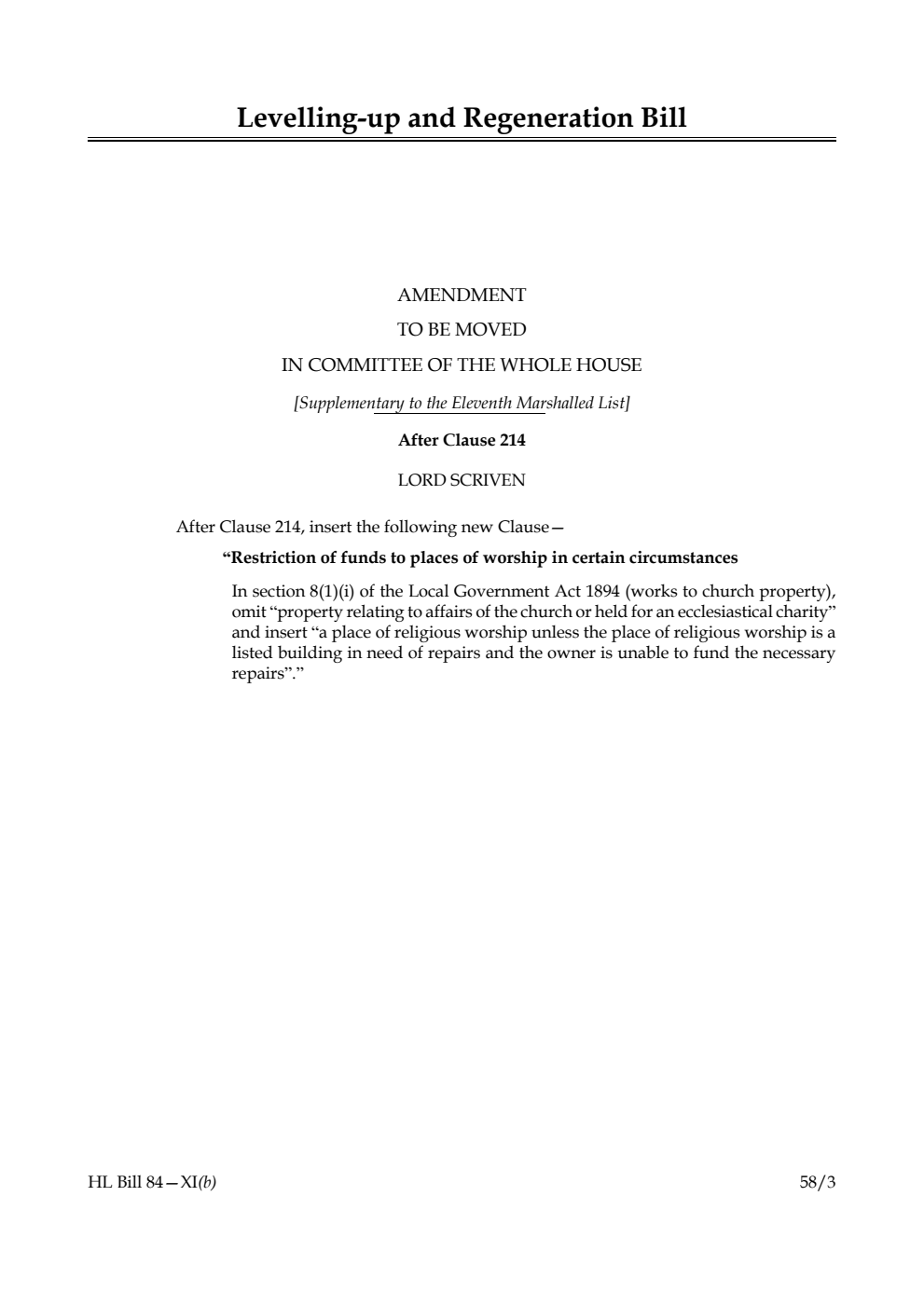 Levelling-up and Regeneration Bill Amendment to be moved in Committee of the Whole House [Supplementary to the Eleventh Marshalled List]