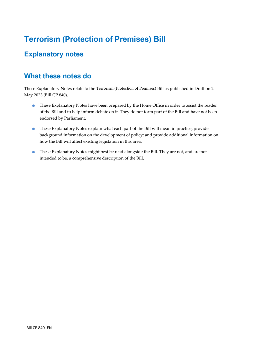 Terrorism (Protection of Premises) Draft Bill. Explanatory notes