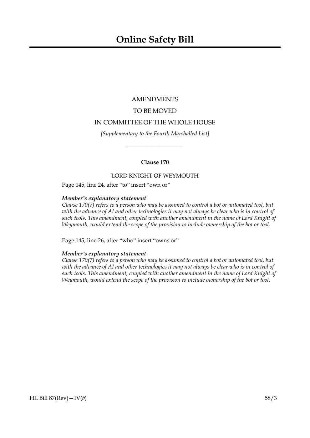 Online Safety Bill Amendments to be moved in Committee of the Whole House [Supplementary to the Fourth Marshalled List]