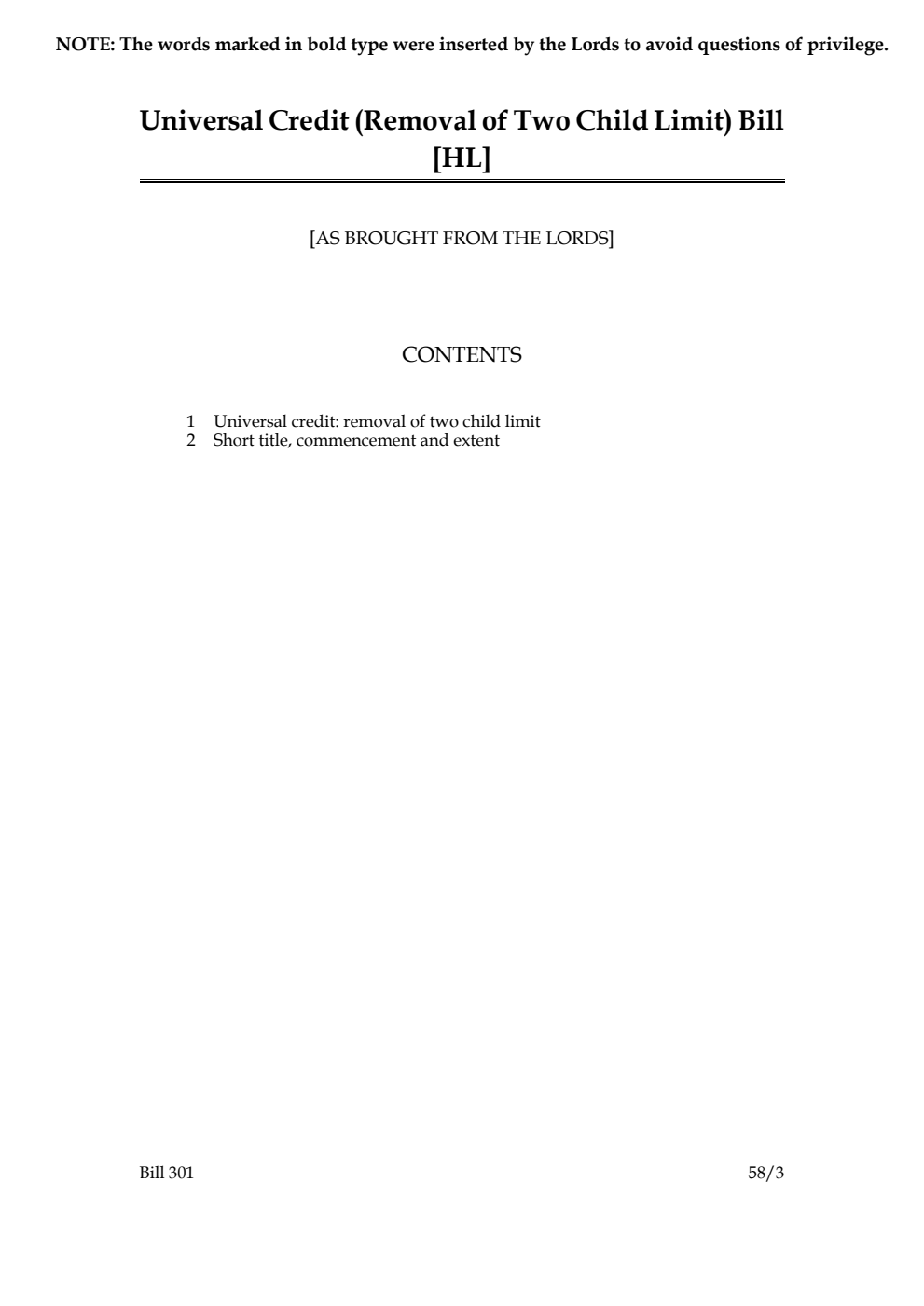 Universal Credit (Removal of Two Child Limit) Bill [as brought from the Lords]