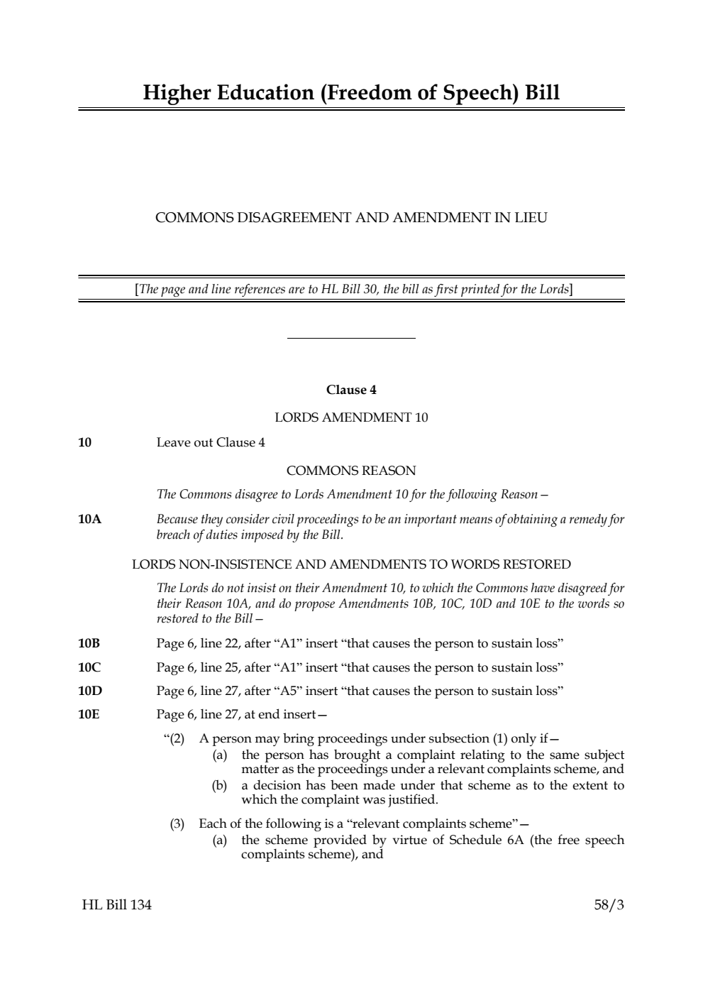 Higher Education (Freedom of Speech) Bill Commons disagreement and amendment in lieu