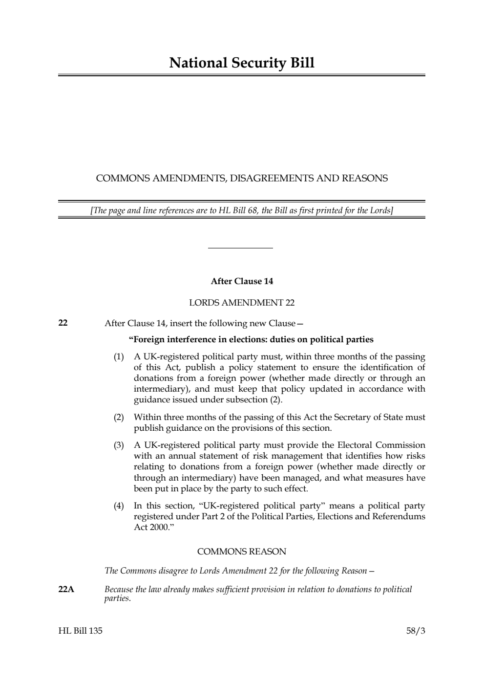 National Security Bill Commons amendments, disagreements and reasons