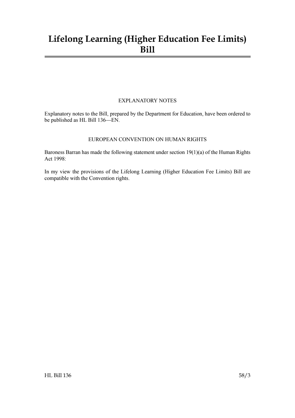 Lifelong Learning (Higher Education Fee Limits) Bill [as brought from the Commons]