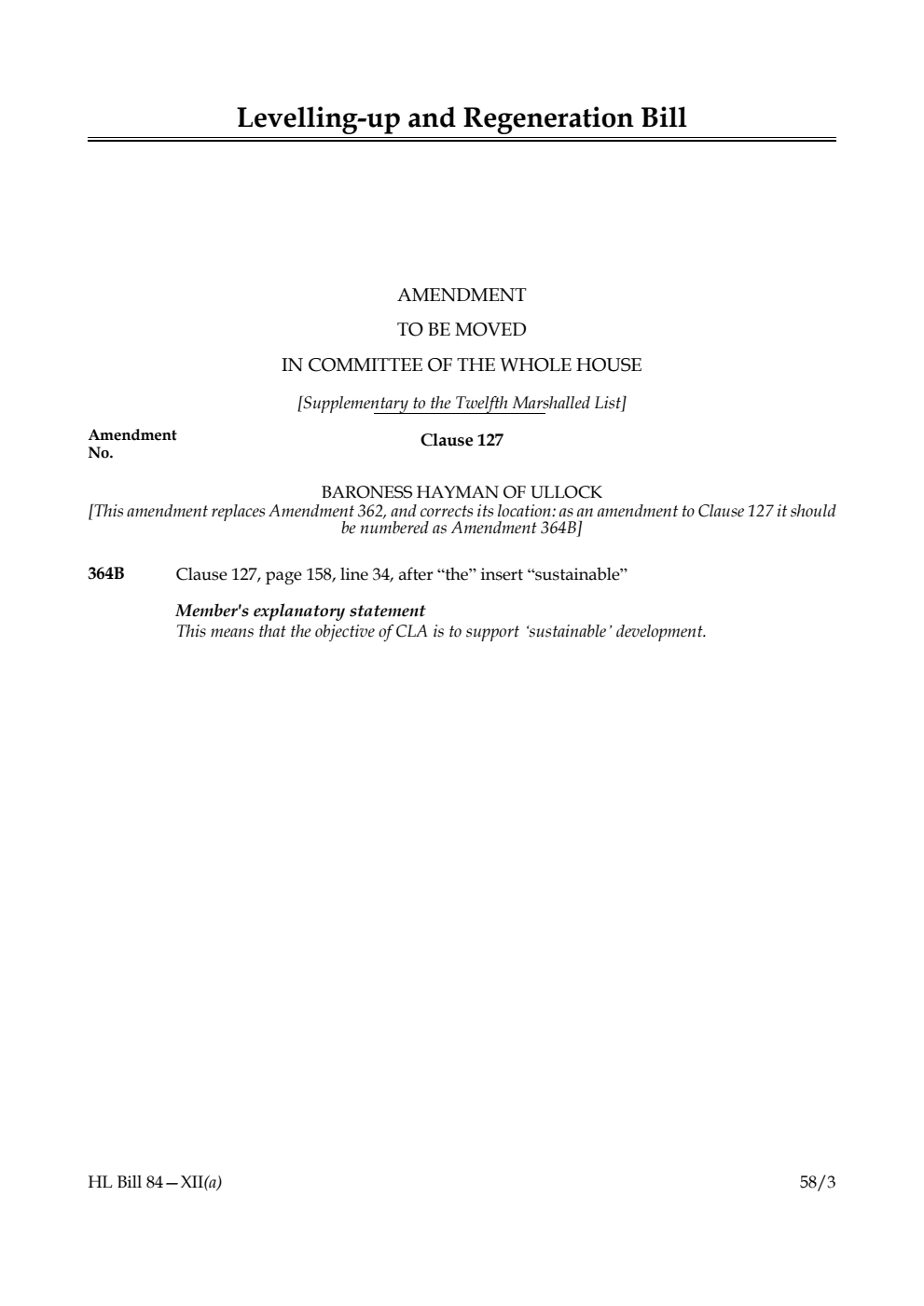 Levelling-up and Regeneration Bill Amendment to be moved in Committee of the Whole House [Supplementary to the Twelfth Marshalled List]