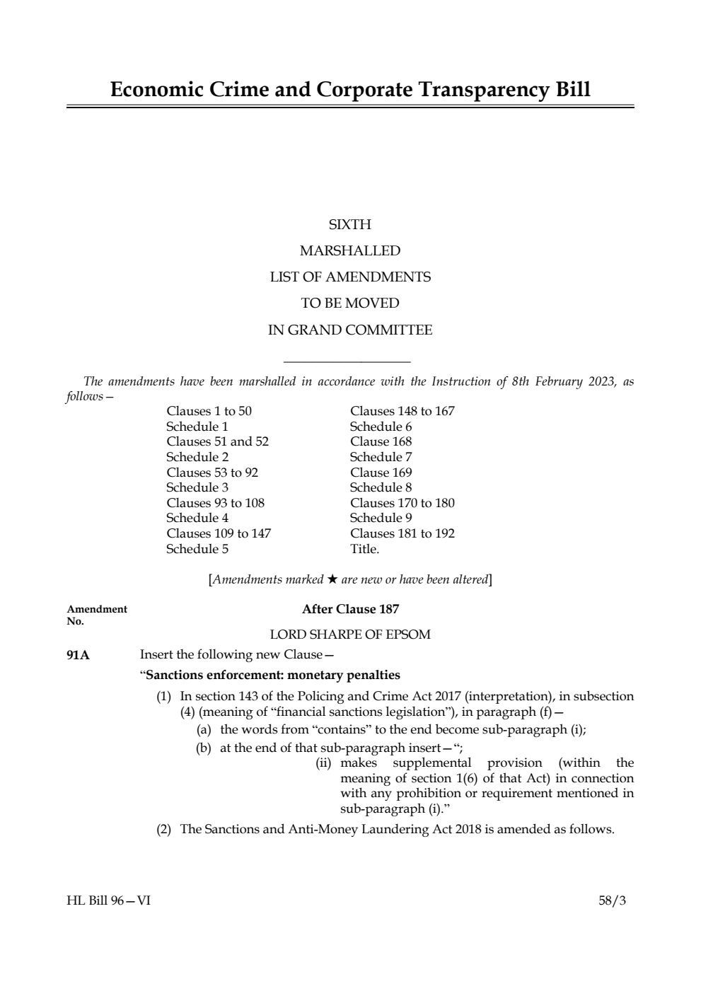 Economic Crime and Corporate Transparency Bill Sixth Marshalled List of Amendments to be moved in Grand Committee
