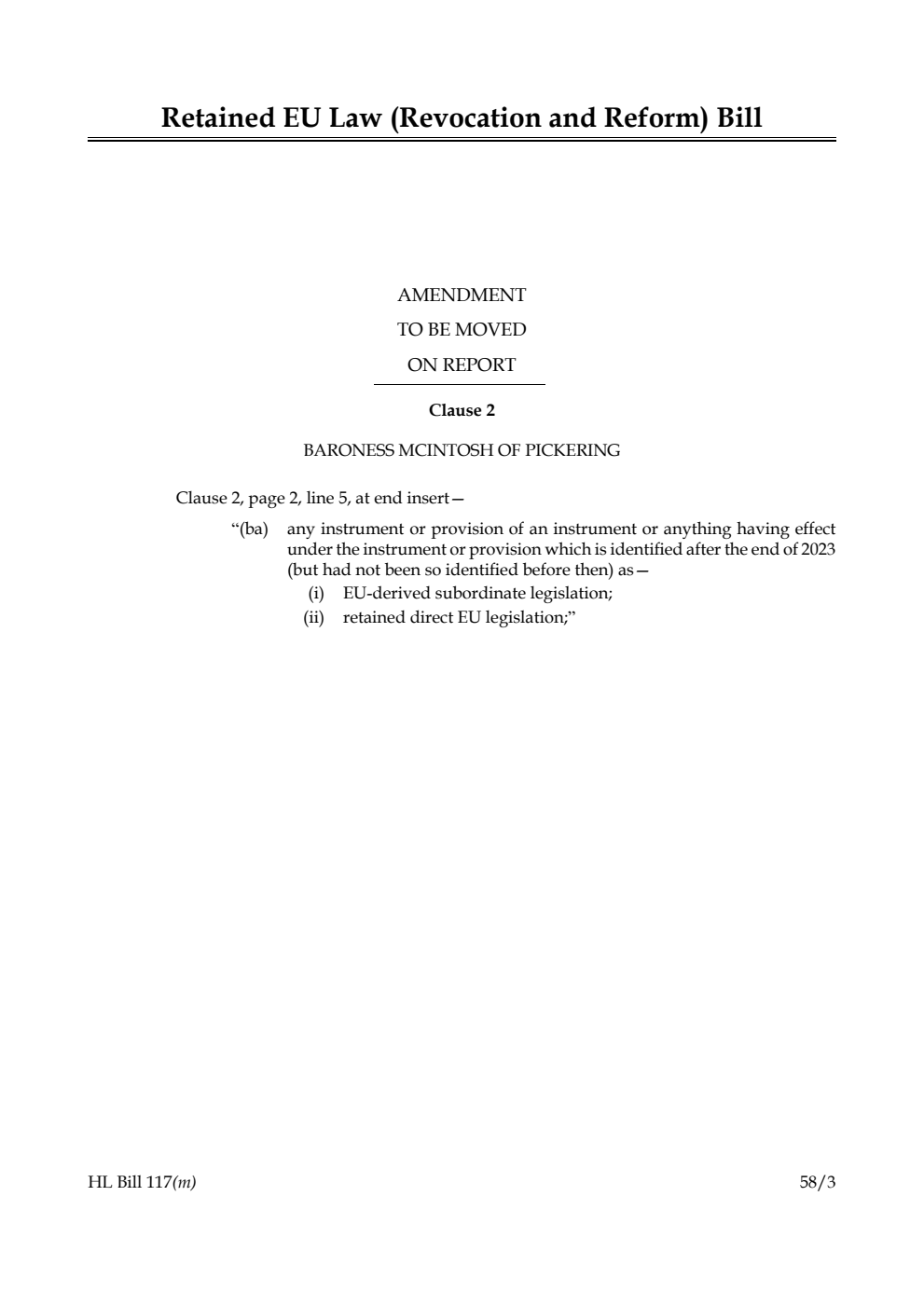 Retained EU Law (Revocation and Reform) Bill Amendment to be moved on Report